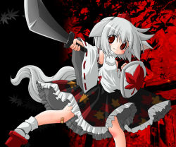 Rule 34 | 1girl, animal ears, detached sleeves, female focus, geta, hat, inubashiri momiji, nisu, red eyes, shield, short hair, silver hair, solo, sword, tail, tengu-geta, tokin hat, touhou, weapon, wolf ears, wolf tail