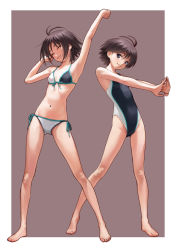 Rule 34 | 1girl, :3, ^ ^, antenna hair, arm up, armpits, barefoot, bikini, black eyes, black hair, closed eyes, competition swimsuit, dual persona, closed eyes, front-tie top, full body, groin, idolmaster, idolmaster (classic), kikuchi makoto, navel, nekopuchi, one-piece swimsuit, outstretched arms, short hair, side-tie bikini bottom, simple background, smile, standing, stretching, swimsuit
