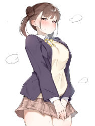 Rule 34 | 1girl, blazer, blush, breasts, brown eyes, brown hair, brown skirt, closed mouth, collared shirt, commentary, cowboy shot, hair bun, half-closed eyes, highres, idolmaster, idolmaster shiny colors, jacket, karan, large breasts, long sleeves, looking at viewer, miniskirt, neck ribbon, open clothes, open jacket, own hands together, plaid, plaid skirt, pleated skirt, pocket, purple jacket, ribbon, school uniform, shirt, short hair, short twintails, side bun, simple background, single side bun, skirt, solo, sonoda chiyoko, standing, sweat, sweater vest, symbol-only commentary, twintails, v arms, wavy mouth, white background, white shirt, yellow ribbon