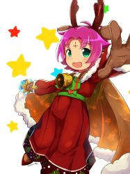 Rule 34 | 1girl, antlers, artist name, bell, blackma (pagus0012), brown gloves, cape, dress, facial mark, fae (fire emblem), fae (winter) (fire emblem), fire emblem, fire emblem: the binding blade, fire emblem heroes, forehead mark, fur trim, gloves, green eyes, highres, horns, long sleeves, nintendo, open mouth, outstretched arm, purple hair, reindeer antlers, short hair, simple background, solo, star (symbol), white background