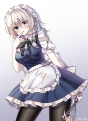 Rule 34 | 1girl, absurdres, apron, artist name, bad id, bad pixiv id, black bow, black bowtie, black pantyhose, blue dress, blue eyes, blush, bow, bowtie, braid, breasts, commentary, cowboy shot, dress, finger to mouth, frilled apron, frills, gradient background, green bow, grey background, hair between eyes, hair bow, hand up, highres, holding, izayoi sakuya, large breasts, looking at viewer, maid, maid apron, maid headdress, pantyhose, parted lips, petticoat, pudding (skymint 028), puffy short sleeves, puffy sleeves, shirt, short dress, short hair, short sleeves, signature, silver hair, solo, standing, thighs, touhou, twin braids, waist apron, whisk, white apron, white background, white shirt