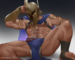 Rule 34 | 1boy, abs, absurdres, bara, bare pectorals, biceps, blue cape, bulge, cape, chest hair, chest harness, erection, erection under clothes, harness, helmet, highres, league of legends, male focus, mature male, muscular, muscular male, navel, navel hair, nipples, paid reward available, pantheon (league of legends), pectorals, pelvic curtain, paid reward available, saury dog, solo, spread legs, stomach, thighs