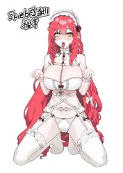 Rule 34 | 1girl, absurdres, bare shoulders, blush, bow, bra, breasts, collar, commission, fffukuzawa, full body, garter belt, garter straps, hair bow, hair ornament, hairband, halterneck, heart, heart-shaped pupils, heterochromia, highres, large breasts, long hair, looking at viewer, nose blush, open mouth, original, panties, pointy ears, red hair, simple background, sitting, skeb commission, solo, symbol-shaped pupils, thighhighs, tongue, tongue out, translation request, underwear, white background, white bow, white bra, white eyes, white panties, white thighhighs, yellow eyes