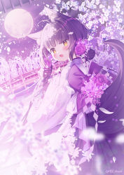 Rule 34 | 1girl, :d, animal ear fluff, animal ears, blurry, blurry foreground, blush, bow, bridge, brown eyes, commentary request, depth of field, fang, flower, from behind, full moon, hair flower, hair ornament, highres, ikari (aor3507), japanese clothes, kimono, long hair, long sleeves, looking at viewer, looking back, moon, open mouth, original, pink flower, purple bow, purple flower, purple kimono, purple rose, rose, sleeves past wrists, smile, solo, tail, tree, twitter username, very long hair, water, white flower, wide sleeves