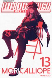Rule 34 | 1girl, absurdres, baton (weapon), bleach, boots, breasts, chair, cover, cover page, fake cover, gloves, gun, high heel boots, high heels, highres, holding, holding gun, holding weapon, hololive, hololive english, hyde (tabakko), large breasts, long hair, mori calliope, parody, pink hair, police, police uniform, red eyes, sitting, solo, uniform, virtual youtuber, walkie-talkie, weapon, white background