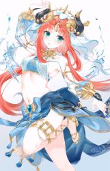Rule 34 | 1girl, arm up, blue skirt, blush, breasts, brooch, circlet, clothing cutout, crop top, dancer, genshin impact, gladiator sandals, gold footwear, gold trim, gradient background, harem outfit, highres, horns, jewelry, leg up, long hair, long sleeves, looking at viewer, nail polish, navel, neck ring, nilou (genshin impact), parted bangs, parted lips, puffy long sleeves, puffy sleeves, red hair, sandals, shino mera, sidelocks, skirt, small breasts, solo, standing, standing on one leg, stomach, thighlet, thighs, toenail polish, toenails, toes, twintails, vambraces, veil, vision (genshin impact), water, white background