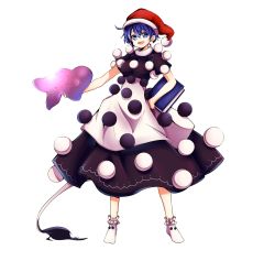 Rule 34 | 1girl, :d, baba (baba seimaijo), blob, blue eyes, blue hair, book, doremy sweet, dress, full body, hand on own hip, hat, highres, layered dress, matching hair/eyes, nightcap, open mouth, pom pom (clothes), smile, solo, tail, touhou, transparent background