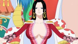 Rule 34 | black hair, blue eyes, boa hancock, breasts, cape, cleavage, earrings, epaulettes, jewelry, long hair, one piece, salome (one piece), snake