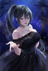 Rule 34 | 1girl, :d, absurdres, bad id, bad twitter id, bare shoulders, black dress, blush, bra, breasts, cleavage, dress, highres, korean commentary, large breasts, lillly, long hair, looking at viewer, night, open mouth, original, ponytail, purple eyes, smile, solo, tree, underwear