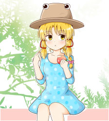 Rule 34 | 1girl, :t, alternate costume, alternate hairstyle, apple, blonde hair, blue dress, blush, bow, breasts, brown hat, closed mouth, collarbone, commentary request, dress, eating, feet out of frame, food, fruit, hair bow, hair over shoulder, hair ribbon, hands up, hat, highres, holding, holding food, knees together feet apart, long hair, looking to the side, md5 mismatch, moriya suwako, outdoors, outline, polka dot, purple bow, resolution mismatch, ribbon, rozugadena, sidelocks, sitting, sleeves past elbows, small breasts, solo, source smaller, touhou, tress ribbon, twirling hair, white outline, yellow eyes