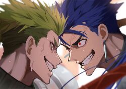 Rule 34 | 2boys, absurdres, achilles (fate), angry, armor, blue hair, clenched teeth, cu chulainn (fate), earrings, eye contact, fate (series), furrowed brow, green hair, haruakira, highres, jewelry, long hair, looking at another, male focus, multiple boys, ponytail, red eyes, short hair, teeth, undercut, upper body, veiny face, white background, yellow eyes