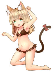 Rule 34 | 1girl, animal ears, arm up, armpits, barefoot, bell, bikini, brown hair, cat ears, colored eyelashes, green eyes, groin, highres, jingle bell, kneeling, long hair, navel, nomio, open mouth, original, paw pose, solo, swimsuit, tail