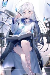 Rule 34 | 1girl, ahoge, black coat, black collar, blue butterfly, blue eyes, blue neckerchief, blue sailor collar, blue skirt, book, book on lap, bug, butterfly, camera, coat, collar, commentary request, curtains, feet out of frame, film reel, grey hair, hand up, highres, holding, holding paintbrush, indoors, insect, light particles, long hair, miwano rag, neckerchief, open book, original, paintbrush, pleated skirt, sailor collar, shirt, skirt, solo, sparkle, very long hair, white shirt