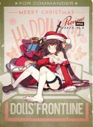 Rule 34 | 1girl, battle rifle, bell, black hair, black skirt, blush, breasts, christmas, coat, commentary request, feet, full body, gift, girls&#039; frontline, gun, hat, long hair, looking at viewer, m14, m14 (girls&#039; frontline), m14 (xmas parade) (girls&#039; frontline), medium breasts, official alternate costume, official art, personification, red coat, red hat, ribbon, rifle, sack, santa hat, shirt, shoes, single shoe, skirt, smile, solo, thighhighs, toes, twintails, weapon, white thighhighs, yellow eyes