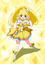 Rule 34 | 1girl, :d, blonde hair, boots, bow, bowtie, brooch, choker, cure peace, double v, hair flaps, jewelry, kise yayoi, long hair, open mouth, photoshop (medium), precure, saitou masatsugu, skirt, smile, smile precure!, solo, v, yellow background, yellow bow, yellow eyes, yellow skirt, yellow theme