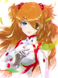 Rule 34 | 1girl, blue eyes, bodysuit, breasts, cowboy shot, evangelion: 3.0+1.0 thrice upon a time, eyepatch, hair ornament, highres, lips, long hair, looking at viewer, medium breasts, multicolored bodysuit, multicolored clothes, neon genesis evangelion, orange hair, pilot suit, plugsuit, rebuild of evangelion, smile, solo, souryuu asuka langley, two side up, upper body, white bodysuit, wind