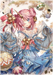 Rule 34 | 1girl, :o, ball, bandages, bell, blue eyes, double bun, fate/grand order, fate (series), frankenstein&#039;s monster (fate), hair over one eye, heterochromia, horns, japanese clothes, kimono, kimono skirt, looking at viewer, ninjinshiru, off shoulder, pink hair, short hair, single horn, solo, yellow eyes