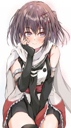 Rule 34 | 1girl, absurdres, black gloves, black neckerchief, black skirt, black thighhighs, blunt bangs, brown eyes, brown hair, buttons, cowboy shot, dairyo3, double-breasted, elbow gloves, facing viewer, fingerless gloves, gloves, hand on own chin, highres, kantai collection, neckerchief, scarf, school uniform, sendai (kancolle), sendai kai ni (kancolle), serafuku, sideways glance, simple background, single thighhigh, sitting, skirt, solo, thighhighs, two side up, white background, white scarf