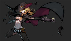 Rule 34 | 1girl, bird, black gloves, black panties, blonde hair, braid, breasts, brown eyes, cape, cassidy (overwatch), cassidy (overwatch) (cosplay), chaps, cosplay, cowboy hat, crop top, crossover, crow, dungeon and, dungeon and fighter, feathers, fingerless gloves, glint, gloves, grey background, gun, gunner (dungeon and fighter), hair ribbon, handgun, hat, highleg, highleg panties, holding, holding gun, holding weapon, kirisame marisa, leg up, leidami, long hair, looking at viewer, mccree (overwatch) (cosplay), medium breasts, navel, outstretched arm, overwatch, overwatch 1, panties, poncho, prosthesis, ranger (dungeon and fighter), raven, revolver, ribbon, simple background, single braid, single glove, solo, touhou, underboob, underwear, weapon, yellow eyes, yin yang