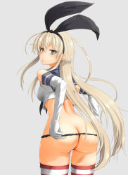 Rule 34 | 10s, 1girl, ass, blonde hair, blush, bow, butt crack, detached sleeves, from behind, hair bow, kantai collection, long hair, looking back, nokishita kumoemon, panties, panty pull, shimakaze (kancolle), solo, striped clothes, striped thighhighs, thighhighs, thong, underwear, yellow eyes