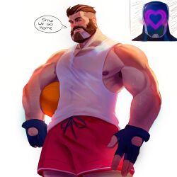 Rule 34 | 2boys, absurdres, alternate costume, android, ball, bara, basketball (object), beard, biceps, blush, brimstone (valorant), brown hair, english text, facial hair, fingerless gloves, from below, gloves, hair slicked back, heart, highres, kay/o (valorant), large hands, large pectorals, male focus, mature male, multiple boys, muscular, muscular male, mustache, nipple slip, nipples, pectoral cleavage, pectorals, plookys, red shorts, see-through, short hair, shorts, sidepec, smile, solo focus, sweat, tank top, thick eyebrows, two-tone beard, valorant, white tank top, yaoi