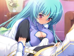 Rule 34 | 1boy, 1girl, blue hair, blush, breasts, cleavage, detached, erection, girl on top, green hair, large breasts, obligation, otome renshin prister, penis, red eyes