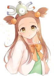 Rule 34 | 1girl, blush, bow, bowtie, brown hair, commentary request, creatures (company), dress, eyelashes, game freak, gen 1 pokemon, goma (nabepa nabepa), green dress, hair bobbles, hair ornament, highres, jasmine (pokemon), long hair, looking at viewer, magnemite, nintendo, on head, orange bow, orange neckwear, parted lips, pokemon, pokemon (creature), pokemon hgss, pokemon on head, two side up, yellow eyes