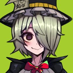 Rule 34 | 1girl, black hat, black souls, bow, bowtie, closed mouth, commentary, cross-shaped pupils, green background, green hair, hair over one eye, hat, hatter (black souls), koshou shou mitsu, portrait, purple eyes, red bow, red bowtie, short hair, simple background, smile, solo, straight-on, symbol-only commentary, symbol-shaped pupils, top hat, upper body