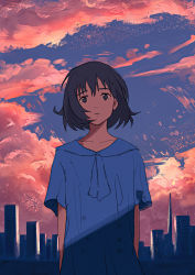 Rule 34 | 1girl, absurdres, black hair, blue eyes, building, city, closed mouth, cloud, commentary request, dress, evening, highres, oka kojiro, original, scenery, shadow, short hair, sky, skyscraper, smile, solo, upper body