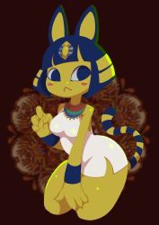 Rule 34 | 1girl, :&lt;, animal crossing, animal ears, ankha (animal crossing), bare shoulders, blue eyes, blue hair, blunt bangs, blurry, blurry background, blush stickers, bob cut, body fur, breasts, cat ears, cat girl, cat tail, claws, closed mouth, cowboy shot, cropped legs, dress, egyptian, female focus, furry, furry female, hair ornament, hand up, highres, jewelry, looking to the side, matching hair/eyes, medium breasts, necklace, nintendo, rakuda itou, red background, shiny skin, short dress, short hair, side slit, sidelocks, sleeveless, sleeveless dress, snake hair ornament, solo, standing, tail, thick thighs, thighs, white dress, wide hips, yellow fur