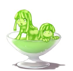 Rule 34 | 2girls, :d, all fours, breasts, closed mouth, colored sclera, colored skin, commentary request, cup, green eyes, green hair, green sclera, green skin, green theme, in container, in cup, kai himo, long hair, medium breasts, mini person, minigirl, monster girl, multiple girls, nude, open mouth, original, short hair, simple background, slime girl, smile, white background