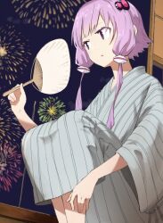 Rule 34 | 1girl, aerial fireworks, bath yukata, commentary, fanning self, feet out of frame, fireworks, hair ornament, hair tubes, hand fan, holding, holding fan, japanese clothes, kimono, knees up, looking to the side, night, paper fan, parted lips, purple eyes, purple hair, short hair with long locks, sidelocks, sitting, solo, striped clothes, striped kimono, toriatamastudio, uchiwa, vertical-striped clothes, vertical-striped kimono, vocaloid, voiceroid, window, yukata, yuzuki yukari