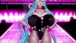 Rule 34 | 1girl, 3d, animated, artist request, ass, bare shoulders, black one-piece swimsuit, blue hair, blush, body markings, bouncing breasts, breasts, breasts out, cleavage, collarbone, colored skin, covered navel, curvy, dancing, dark-skinned female, dark skin, earrings, fate/grand order, fate (series), fish, full body, hair between eyes, hat, heart, heart hands, highleg, highleg swimsuit, horns, huge breasts, ibuki douji (fate), ibuki douji (swimsuit berserker) (fate), ibuki douji (swimsuit berserker) (first ascension) (fate), jewelry, jumping, long hair, looking at viewer, mikumikudance (medium), multicolored hair, one-piece swimsuit, oni, oni horns, pink hair, pink hat, pink one-piece swimsuit, pointy ears, ponytail, red eyes, shiny skin, sidelocks, simple background, smile, solo, sound, swimsuit, tagme, tail, thighs, two-tone swimsuit, umbrella, video, visor cap, wide hips, wristband