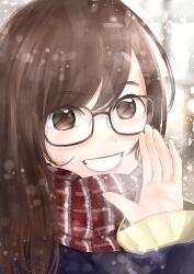 Rule 34 | 1girl, :d, absurdres, blue jacket, blurry, blurry background, brown-framed eyewear, brown hair, commentary request, day, glasses, highres, jacket, kyabetsu ningen, lips, long hair, long sleeves, looking at viewer, mole, open mouth, original, outdoors, portrait, red scarf, scarf, sleeves past wrists, smile, solo, striped clothes, striped scarf, sweater, teeth, winter clothes, yellow sweater