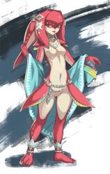 Rule 34 | 1girl, breasts, bright pupils, colored skin, cowboy shot, fins, full body, gills, jewelry, looking at viewer, medium breasts, mipha, monster girl, multicolored skin, navel, necklace, nintendo, nipples, nude, pussy, red skin, simple background, solo, standing, stomach, the legend of zelda, the legend of zelda: breath of the wild, uncensored, vins-mousseux, white background, zora