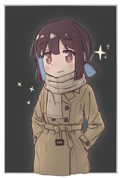 Rule 34 | 1girl, black background, blue hair, blunt bangs, blunt ends, brown coat, brown eyes, brown hair, buttons, coat, commentary, double-breasted, hair between eyes, hands in pockets, hozuki momiji, light blush, multicolored hair, onii-chan wa oshimai!, plaid, plaid scarf, sash, scarf, sfm zhang, short hair, short ponytail, simple background, smile, solo, sparkle, two-tone hair