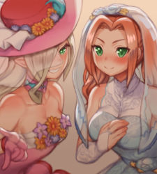 Rule 34 | 2girls, blue dress, blush, breasts, bridal veil, brown hair, choker, cleavage, closed mouth, collarbone, dress, eleanor hume, folks (nabokof), gloves, green eyes, grin, hair intakes, hair over one eye, index finger raised, large breasts, long hair, magilou (tales), medium breasts, multiple girls, namco, official alternate costume, pink choker, pink dress, pink gloves, pink headwear, pointy ears, silver hair, sleeveless, sleeveless dress, smile, strapless, strapless dress, tales of (series), tales of berseria, veil