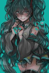 Rule 34 | 1girl, 39, :d, bad id, bad pixiv id, bare shoulders, blue background, blue eyes, blue hair, blue nails, blush, cowboy shot, detached sleeves, fingernails, grey shirt, grey skirt, happy, hatsune miku, headset, heart, heart hands, long hair, looking at viewer, minazuki (0038), nail polish, number tattoo, open mouth, shirt, shoulder tattoo, simple background, skindentation, skirt, sleeveless, sleeveless shirt, smile, solo, tattoo, teeth, thighhighs, thighs, twintails, very long hair, vocaloid
