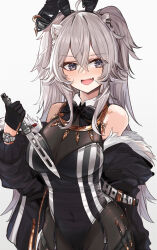 Rule 34 | 1girl, animal ears, appleseed (appleseed art), black gloves, black pantyhose, blush, covered navel, fake animal ears, fang, gloves, grey eyes, grey hair, highres, holding, holding knife, hololive, knife, leotard, lion ears, lion girl, long hair, looking at viewer, open mouth, pantyhose, playboy bunny, rabbit ears, shishiro botan, skin fang, smile, solo, virtual youtuber