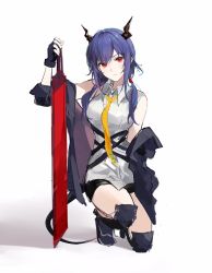 Rule 34 | 1girl, arknights, black gloves, blade, blue hair, ch&#039;en (arknights), female focus, gloves, highres, horns, joshua (shisanli934), long hair, looking at viewer, necktie, on one knee, red eyes, solo, tail, twintails, weapon, white background