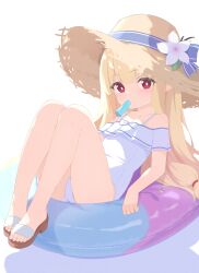 Rule 34 | 1girl, absurdres, blonde hair, flower, food, food in mouth, hat, hat flower, highres, innertube, long hair, looking at viewer, mouth hold, one-piece swimsuit, original, pointy ears, popsicle, popsicle in mouth, red eyes, rokukarashi, sandals, simple background, solo, straw hat, swim ring, swimsuit, toes, white background