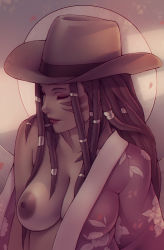 Rule 34 | 1girl, warrior of light (ff14), breasts, brown hair, closed mouth, collarbone, commentary, commission, cowboy hat, dreadlocks, english commentary, closed eyes, eyeshadow, facial mark, final fantasy, final fantasy xiv, hat, japanese clothes, kimono, large areolae, lips, long hair, makeup, medium breasts, miqo&#039;te, nipples, open clothes, open kimono, simple background, solo, soranamae, upper body