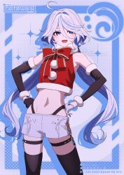 Rule 34 | 1girl, ahoge, alternate costume, aoi suzu, asymmetrical gloves, bare shoulders, black gloves, black straps, black thighhighs, blue eyes, blue gemstone, blue hair, christmas, drop-shaped pupils, furina (genshin impact), gem, genshin impact, gloves, hair between eyes, hand on own hip, highres, long hair, looking at viewer, mismatched gloves, mismatched pupils, multicolored hair, navel, open mouth, red shirt, shirt, shorts, sleeveless, sleeveless shirt, smile, solo, standing, stomach, symbol-shaped pupils, thigh strap, thighhighs, white gloves, white shorts
