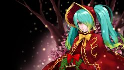 Rule 34 | 1girl, blonde hair, blue hair, bonnet, capelet, christmas, dress, english text, gloves, gradient hair, green eyes, green hair, hair over one eye, ilris, league of legends, long hair, looking at viewer, matching hair/eyes, merry christmas, multicolored hair, red gloves, ribbon, silent night sona, solo, sona (league of legends), twintails, wreath, yellow eyes