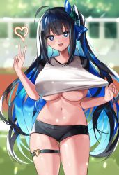 Rule 34 | 1girl, :d, ahoge, aqua bow, bad id, bad pixiv id, black buruma, black hair, blue bow, blue eyes, blue hair, blunt bangs, blush, bow, breasts, buruma, clothes tug, colored inner hair, crop top, facing viewer, hair bow, hand up, heart, heart-shaped pupils, highres, kamchrome, large breasts, long hair, looking at viewer, multicolored hair, navel, one side up, open mouth, original, outdoors, plaid, plaid bow, pulling own clothes, shiny skin, shirt, shirt tug, short sleeves, sidelocks, smile, solo, standing, symbol-shaped pupils, thigh gap, thigh strap, thighs, two-tone hair, underboob, v, very long hair, white shirt