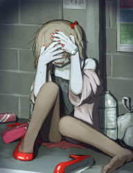 Rule 34 | 1boy, 1girl, absurdres, avogado6, bottle, bow, can, commentary, covering face, crossdressing, crying, hair bow, hand up, high heels, highres, nail polish, on ground, original, pantyhose, red nails, short hair, side ponytail, sitting, solo, sweat, nervous sweating, tears, trash bag, watch, water bottle, wristwatch
