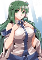 Rule 34 | 1girl, blush, breasts, closed mouth, detached sleeves, frog hair ornament, green eyes, green hair, hair ornament, highres, japanese clothes, kochiya sanae, large breasts, long hair, miko, one-hour drawing challenge, shirt, sleeveless, sleeveless shirt, smile, snake hair ornament, solo, touhou, umigarasu (kitsune1963), upper body, wide sleeves