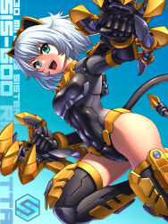 Rule 34 | 1girl, 30 minutes sisters, animal ears, bandai, black leotard, blue eyes, boots, breasts, cable, cable tail, cat ears, covered navel, cyborg, highres, joints, leotard, logo, looking at viewer, mecha musume, mechanical ears, mechanical tail, medium breasts, rishetta (30ms), shiny clothes, shiny skin, short hair, solo, substance20, tail, thigh boots, white hair