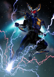 Rule 34 | 1boy, belt, electricity, flying kick, highres, horns, kamen rider, kamen rider gatack, kamen rider kabuto (series), kicking, male focus, solo, suzume inui