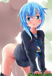 Rule 34 | 10s, 1boy, 1girl, ahoge, arched back, ass, asymmetrical hair, blouse, blue eyes, blue hair, blue necktie, blue shirt, blush, bottomless, butt crack, clothed sex, crescent, crescent pin, cum, cum in pussy, doggystyle, faceless, faceless male, fang, hetero, kantai collection, leaning forward, long sleeves, minazuki (kancolle), necktie, open mouth, pussy juice, school uniform, serafuku, sex, sex from behind, shirt, short hair with long locks, shorts, shorts around one leg, solo focus, sweat, vaginal, yoshizawa hikoto